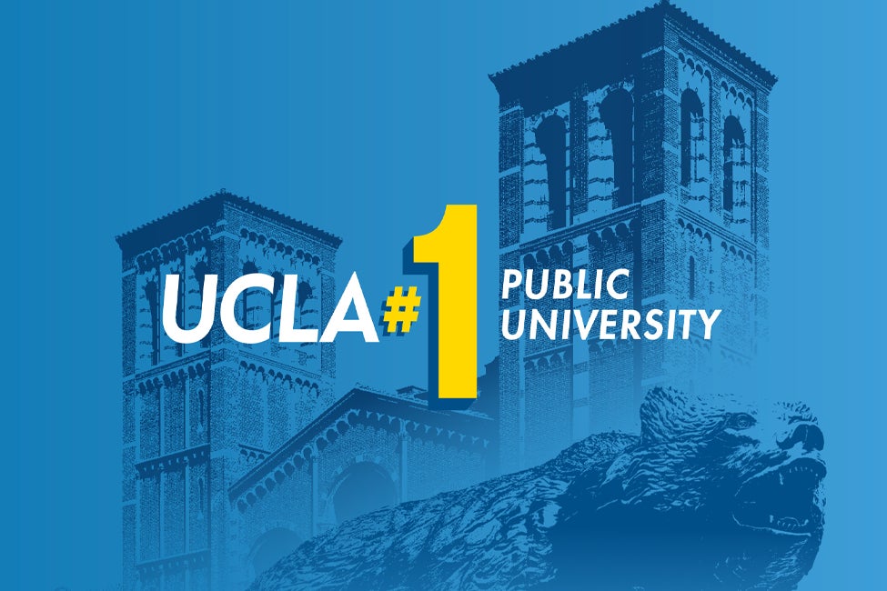 Graphic showcasing Royce building and bruin bear with "UCLA #1 Public University" text